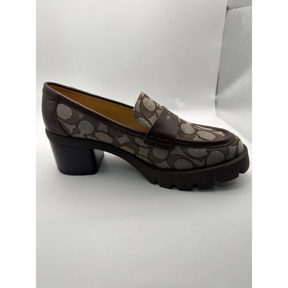 Coach Leah Loafer Signature Jacquard Leather Block Heel Lug Sole Brown Size 6.5